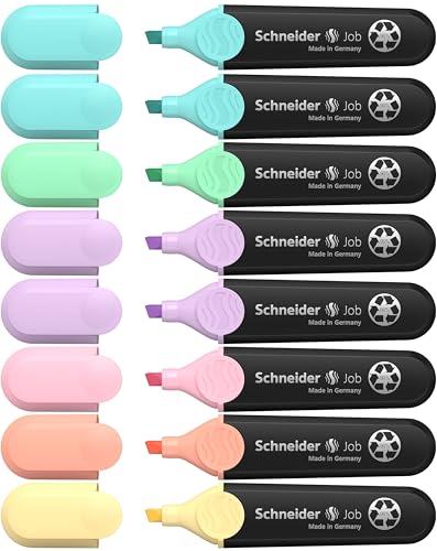 Schneider Job 150 Pastell Textmarker (aus recyceltem Kunststoff, ausgezeichnet mit Der blaue Engel) 8er Etui sortiert, türkis (2x), mint, flieder (2x), rosé, pfirsich, vanille von Schneider