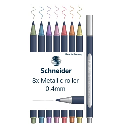 Schneider ML05011502 Metallic Rollerball Stifte 8er Set (Strichstärke 0,4 mm, hochmetallische Tinte, schnelltrocknend, Gehäuse aus 88% biobasiertem Kunststoff) 8 Stück farblich sortiert von Schneider