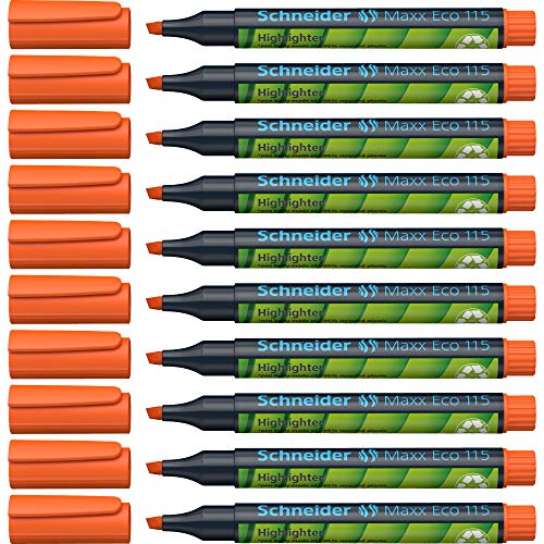 Schneider Maxx Eco 115 Textmarker (nachfüllbar mit Patrone 666, lichtbeständig, Clip) 10er Packung orange von Schneider