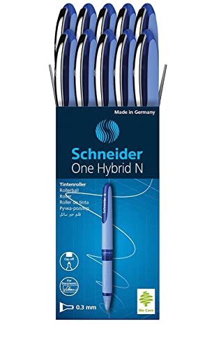 Schneider One Hybrid N Tintenroller, 0,3 mm Hybrid-Nadelspitze, hellblauer Schaft, blaue Tinte, Box mit 10 Stiften (183403) von Schneider