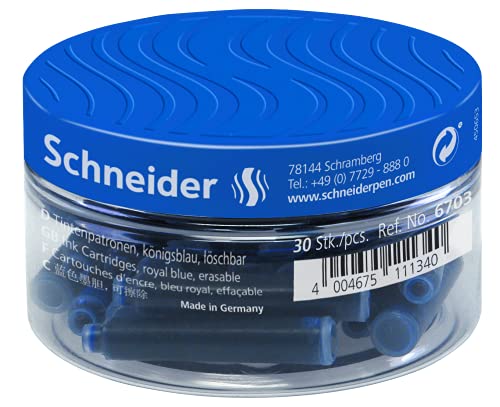 Schneider P006703 Tintenpatronen (Standard Patronen für Füller, löschbar) königsblau, 30 Stück von Schneider