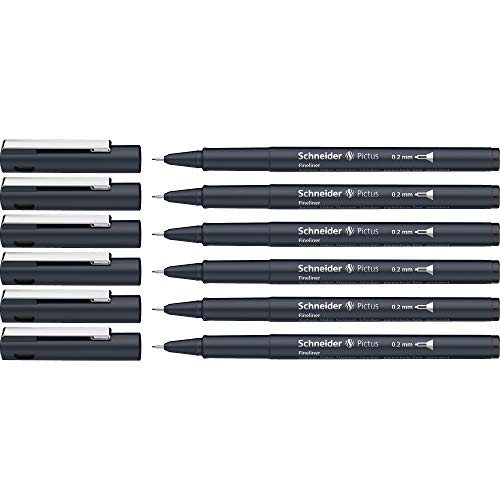 Schneider Pictus Fineliner (Strichstärke 0,2 mm, dokumentenechte Pigmentliner, metallgefasste Spitze, Gehäuse aus 85% recyceltem Kunststoff) 6er Pack, schwarz von Schneider