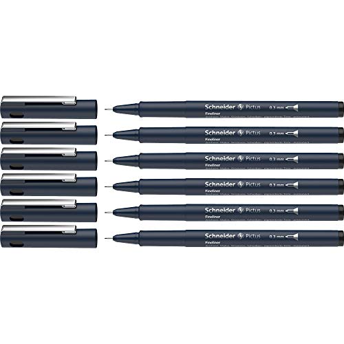 Schneider Pictus Fineliner (Strichstärke 0,3 mm, dokumentenechte Pigmentliner, metallgefasste Spitze, Gehäuse aus 85% recyceltem Kunststoff) 6er Pack, schwarz von Schneider