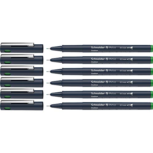 Schneider Pictus Fineliner (Strichstärke 0,5 mm, dokumentenechte Pigmentliner, metallgefasste Spitze, Gehäuse aus 85% recyceltem Kunststoff) 6er Pack, grün von Schneider