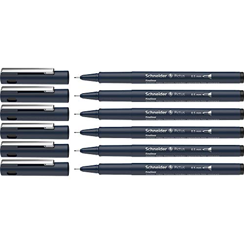 Schneider Pictus Fineliner (Strichstärke 0,5 mm, dokumentenechte Pigmentliner, metallgefasste Spitze, Gehäuse aus 85% recyceltem Kunststoff) 6er Pack, schwarz von Schneider