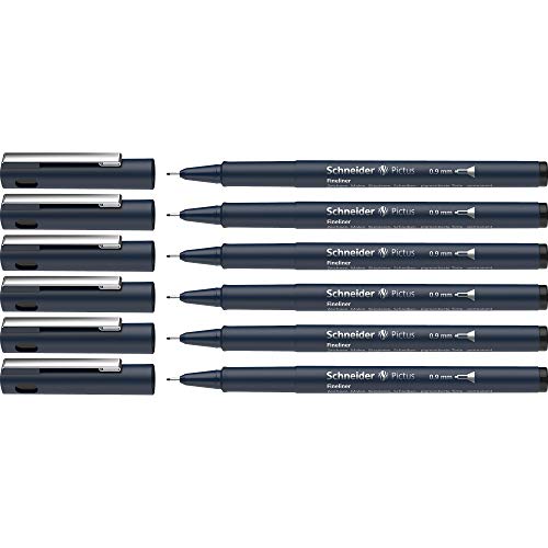 Schneider Pictus Fineliner (Strichstärke 0,9 mm, dokumentenechte Pigmentliner, metallgefasste Spitze, Gehäuse aus 85% recyceltem Kunststoff) 6er Pack, schwarz von Schneider