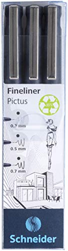 Schneider Pictus Fineliner (Strichstärken 0,3 , 0,5 und 0,7 mm, dokumentenechte Pigmetliner, metallgefasste Spitze, Gehäuse aus 85% recyceltem Kunststoff) schwarz, 3er Etui von Schneider