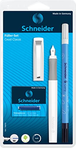 Schneider Schreibset Ceod Classic mit Füller, 6 Patronen und Tintenkiller (Rechts- und Linkshänder, M-Feder, Schreibfarbe: königsblau) weiß von Schneider