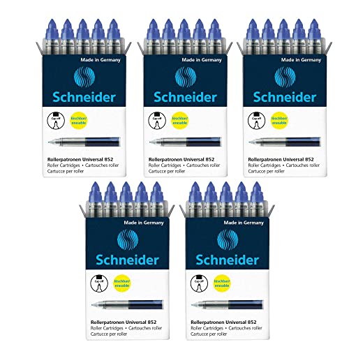Schneider Universal 852 Rollerpatrone (löschbar, für Patronenroller Breeze, Base Senso/Ball und ID Duo, Tinte: königsblau) 5 Packungen von Schneider