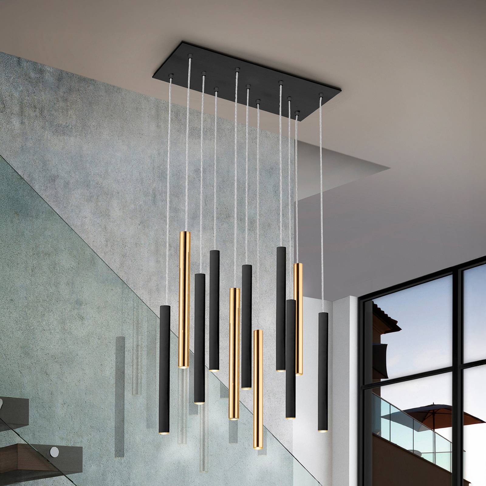 LED-Hängelampe Varas dimmbar, 11-flg., gold/schwarz, Metall LED-Hängelampe Varas dimmbar, 11-flg., gold/schwarz, Metall von Schuller Valencia