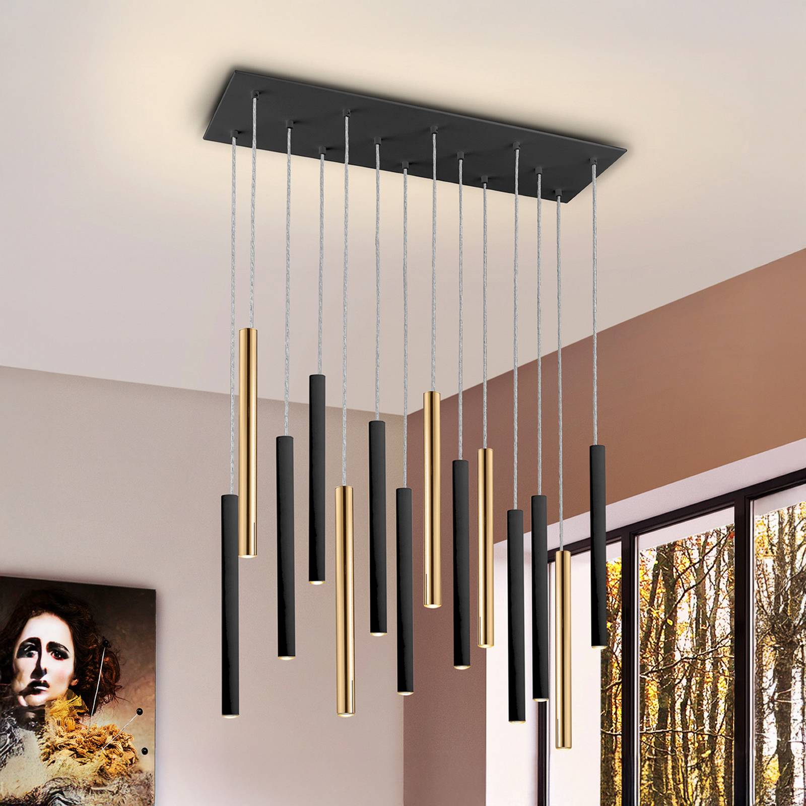 LED-Hängelampe Varas dimmbar, 14-flg., gold/schwarz, Metall LED-Hängelampe Varas dimmbar, 14-flg., gold/schwarz, Metall von Schuller Valencia