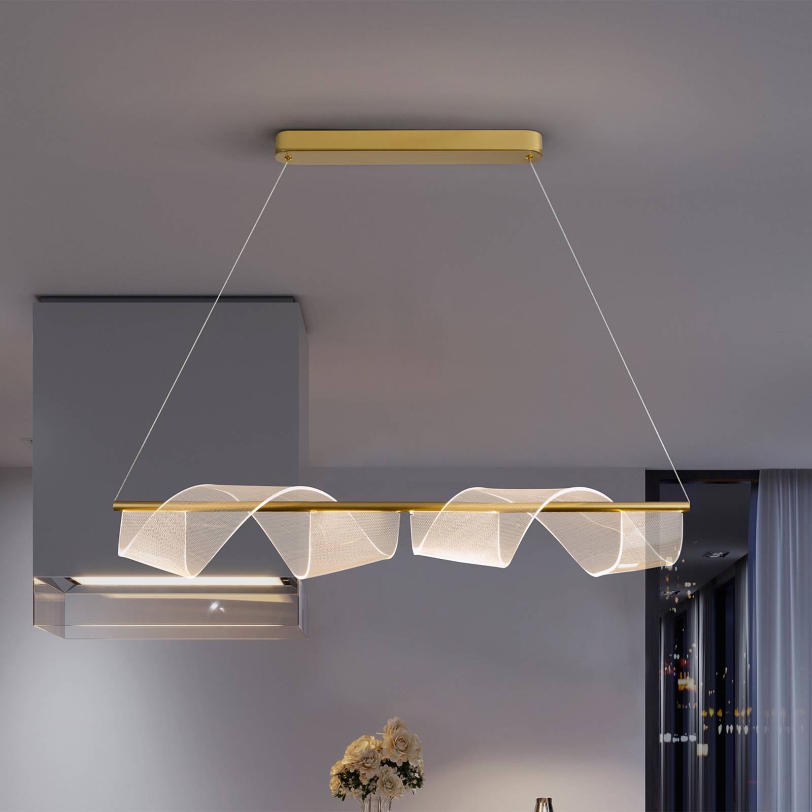LED-Hängeleuchte Velas, lang, goldfarben, Metall, Kunststoff LED-Hängeleuchte Velas, lang, goldfarben, Metall, Kunststoff von Schuller Valencia