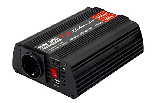 Schumacher INV 300 Spannungswandler Modifizierter Sinus-Wechselrichter 12V DC > 220V/240V AC - Dauerleistung 300 W - Überspannungs-, Unterspannungs-, Überlast- und Thermoschutz - Lüfter - Geräuschlos von Schumacher