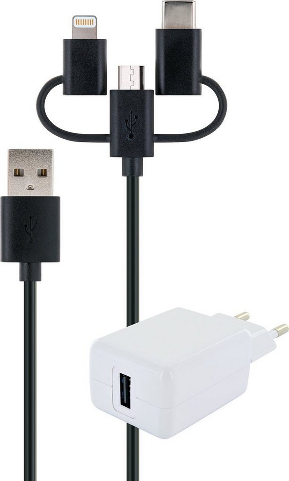 Schwaiger LSET1100 513 Smartphone-Kabel, USB 2.0 A Stecker, USB Micro B Stecker, Apple® Lightning Adapter, USB 3.1 C Adapter, (100 cm), inklusive Ladeadapter von Schwaiger
