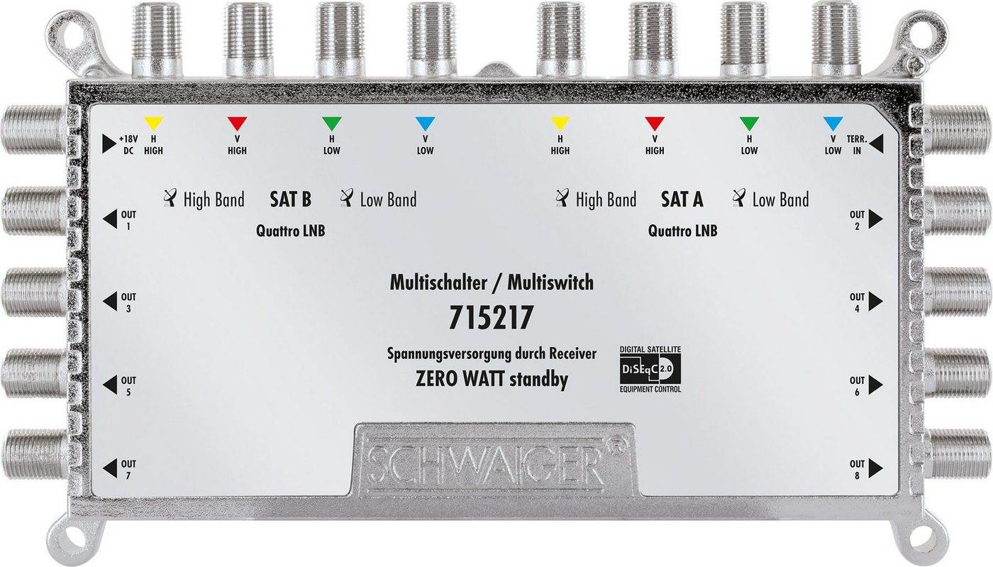 Schwaiger SAT-Multischalter 715217 (verteilt 2 Satellitenpositionen auf 8 Ausgänge), unabhängige Programmvielfalt für alle Teilnehmer von Schwaiger
