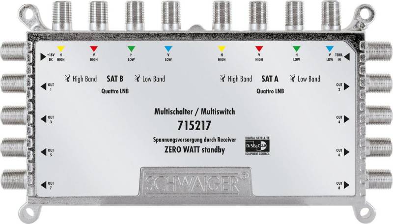 Schwaiger SAT-Multischalter 715217 (verteilt 2 Satellitenpositionen auf 8 Ausgänge), unabhängige Programmvielfalt für alle Teilnehmer von Schwaiger