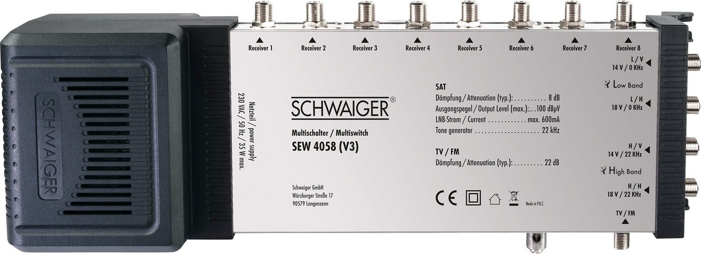 Schwaiger SAT-Multischalter SEW4058 531 (verteilt 1 Satellitenpositionen auf 8 Ausgänge), unabhängige Programmvielfalt für alle Teilnehmer von Schwaiger