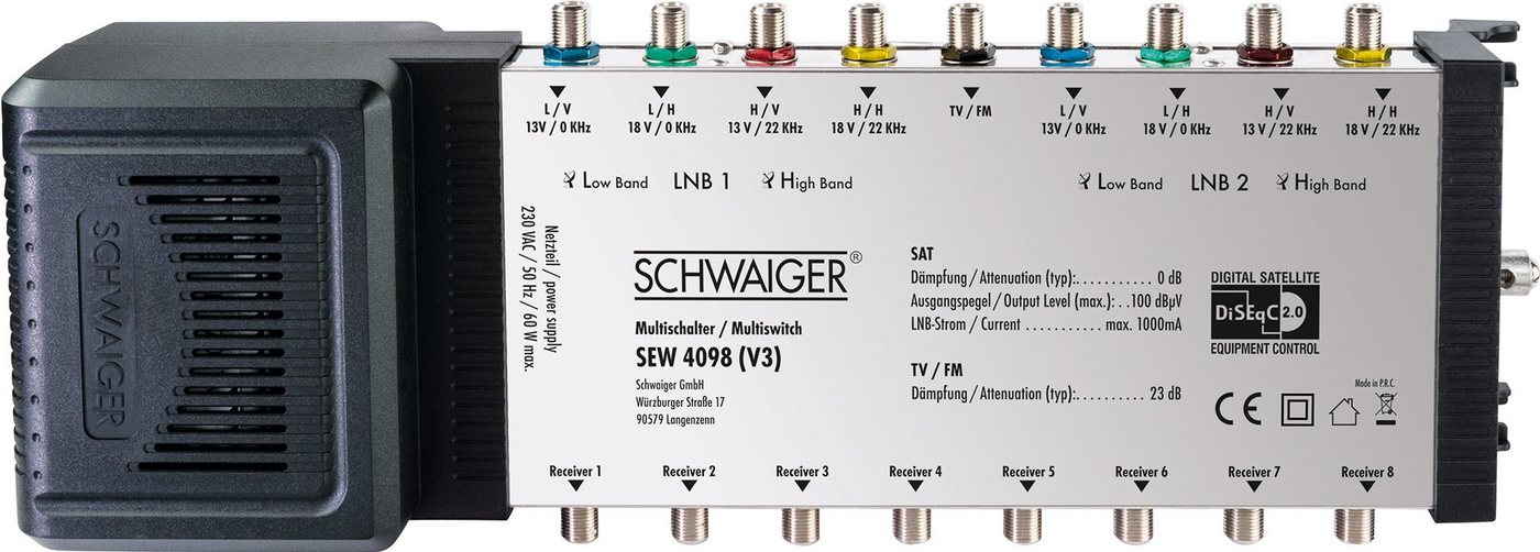 Schwaiger SAT-Multischalter SEW4098 531 (verteilt 2 Satellitenpositionen auf 8 Ausgänge), unabhängige Programmvielfalt für alle Teilnehmer von Schwaiger