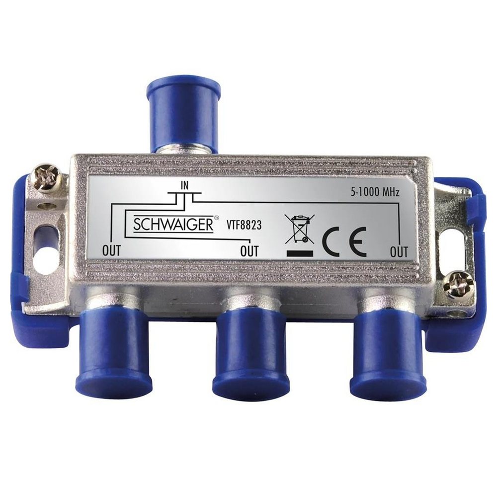 Schwaiger SAT-Verteiler VTF8823241, 3-fach Verteiler 6,5 dB für Kabel- und Antennenanlagen, Silber/Blau von Schwaiger