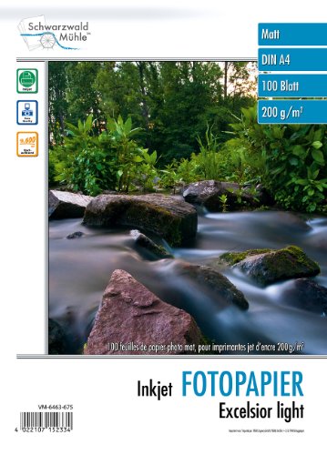 Schwarzwald Mühle Fotodruckpapier: 100 Bl. Fotopapier "Excelsior" matt 200g/m² A4 (Beschichtetes Fotopapier, A4-Foto-Druckerpapier, Fotodrucker) von Schwarzwald Mühle