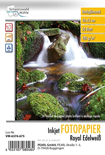 Schwarzwald Mühle Fotopapier 10x15: Hochglanz-Fotopapier "Edelweiß", 10 x 15, 180g/m², 50 Blatt (Fotokarton, Fotopapier 10x15cm, Tintenstrahldrucker) von Schwarzwald Mühle