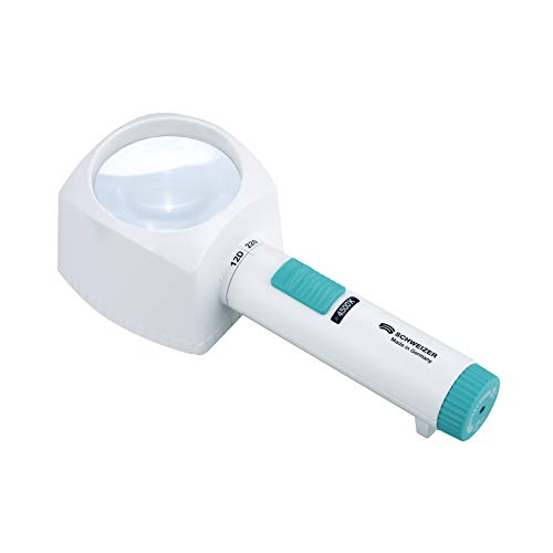 Standlupe – Leselupe mit Ständer und LED Licht, 4500 K neutralweiß, Made in Germany, Batteriebetrieb, 4-fache Vergrößerung (12D), asphär. Linse 70 mm, kontrastreich, SCHWEIZER ÖKOLUX plus von Schweizer