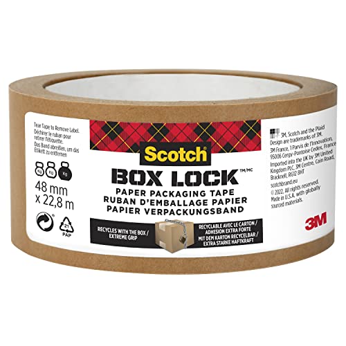 Scotch Box Lock Papier - Verpackungsband, 1 Rolle, 48 mm x 22,8 m - Braunes Papier-Verpackungsband, Kann Zusammen mit dem Karton Recycelt Werden von Scotch