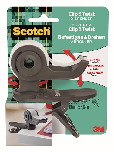 Scotch Clip & Twist Klebeband-Abroller C19, Grau + Scotch Magic Unsichtbares Klebeband, 19mm × 8,89m, 1Rolle/Packung von Scotch