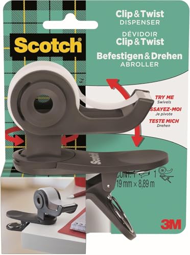 Scotch Clip & Twist Klebeband-Abroller C19, Grau + Scotch Magic Unsichtbares Klebeband, 1 Rolle (19 mm × 8,89 m) - Nachfüllbarer Klebebandabroller für Schule, Zuhause und Büro von Scotch