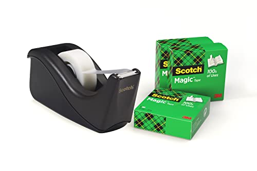 Scotch Klebeband-Abroller C60, Schwarz + Scotch Magic Unsichtbares Klebeband, 19 mm x 33 mm, 4 Rollen/Packung von Scotch