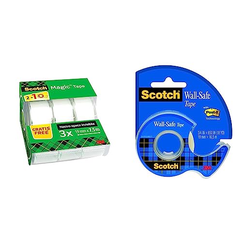 Scotch Magic Klebeband - 3 Handspender 19 mm x 7,5 m & Scotch 183-EFDG Wall-Safe Klebeband 19 mm x 16, 5 m, 1 Rolle, 1 Maxi-Abroller von Scotch