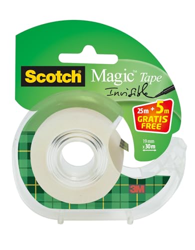 Scotch Magic Tape - 1 Rolle 19mmx25m + 5m GRATIS + Handabroller - Unsichtbares Klebeband für allgemeine Zwecke zur Reparatur, Etikettierung und Versiegelung von Dokumenten von Scotch
