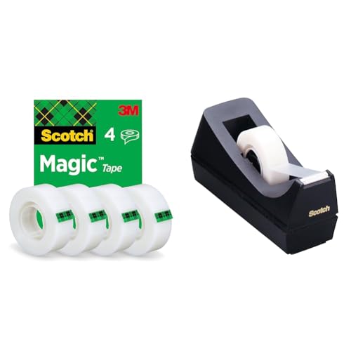 Scotch Magic Tape - 4 Rollen, 19 mm × 33 m - Unsichtbares Klebeband für allgemeine Zwecke zur Reparatur, Etikettierung und Versiegelung von Dokumenten & C38 Schreibtisch Klebebandabroller, schwarz von Scotch