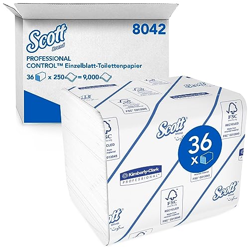 Scott Control Einzelblatt-Toilettenpapier 8042 – 2-lagiges Toilettenpapier in Großpackungen – 36 Packungen x 250 Blatt (insges. 9.000) von Scott