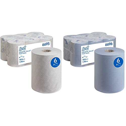 Scott Essential Slimroll Papierhandtücher gerollt 6695 – 6 x 190 m Handtuchrollen, weiß (insges. 1.140 m) & Essential Slimroll Papierhandtücher gerollt 6696 – 6 x 190 m Handtuchrollen von Scott