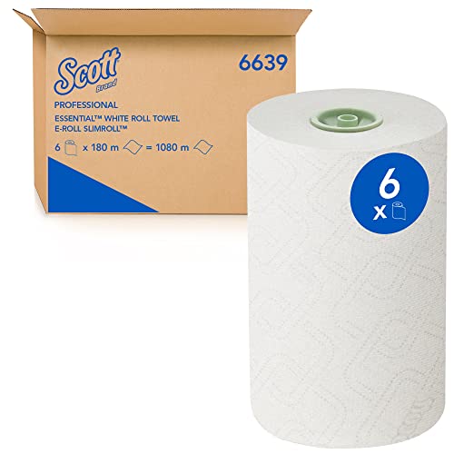 Scott Essential Slimroll Papierhandtücher in Rollen 6639 – E-Roll Papierhandtücher in Rollen – 6 x 180 m Papierhandtuch-Rollen, weiß (insg. 1.080 m) von Scott