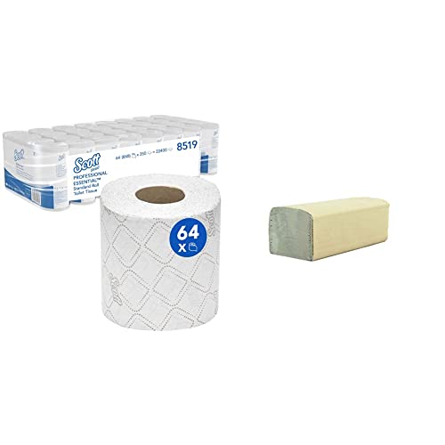 Scott Essential Toilettenpapier 8519 - (350 Blätter) - weiß, 2-lagig & SemyTop Quicky Papierhandtuch, ZZ-Falz, 25 x 23 cm, 1lag, natur, 5000 Blatt, 1er Pack (10 x 500 Stück), ST-77048 von Scott