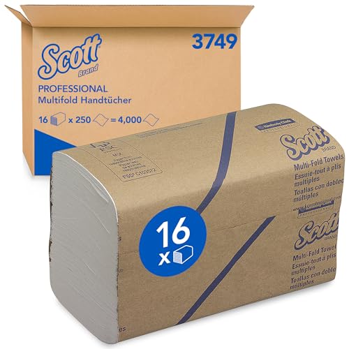 Scott Multifold Handtücher 3749 – gefaltete Papierhandtücher – 16 Packungen x 250 weiße Papierhandtücher (insges. 4.000) von Scott