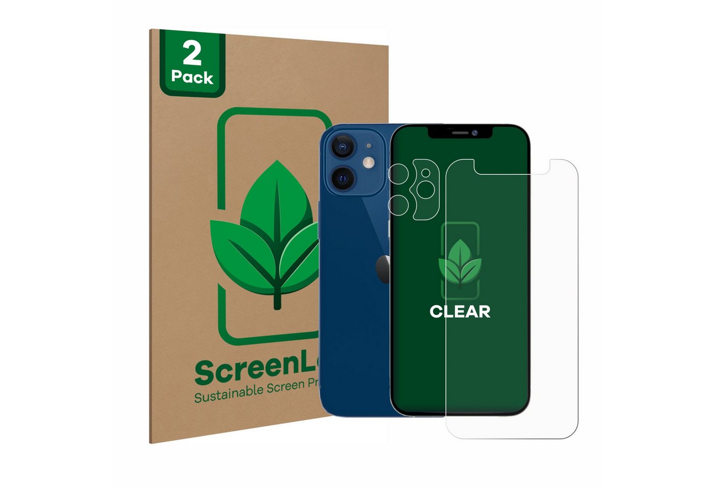 ScreenLeaf Displayschutzfolie Schutzfolie für Apple iPhone 12 mini (Display+Kamera), 2 Stück, nachhaltiger Displayschutz Schutz Folie Klar Transparent von ScreenLeaf
