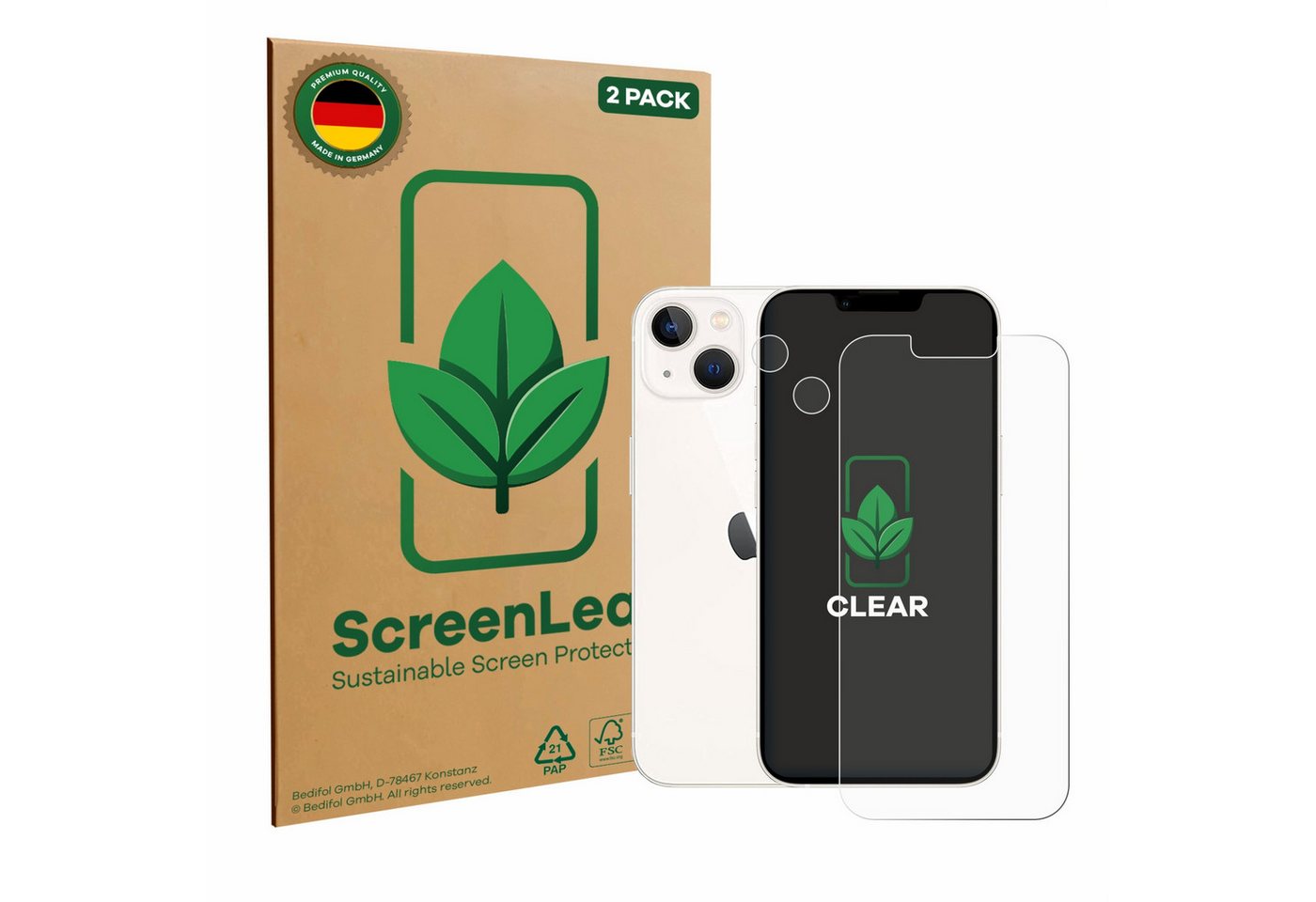 ScreenLeaf Displayschutzfolie Schutzfolie für Apple iPhone 13 (Display+Kamera), 2 Stück, nachhaltiger Displayschutz Schutz Folie Klar Transparent von ScreenLeaf