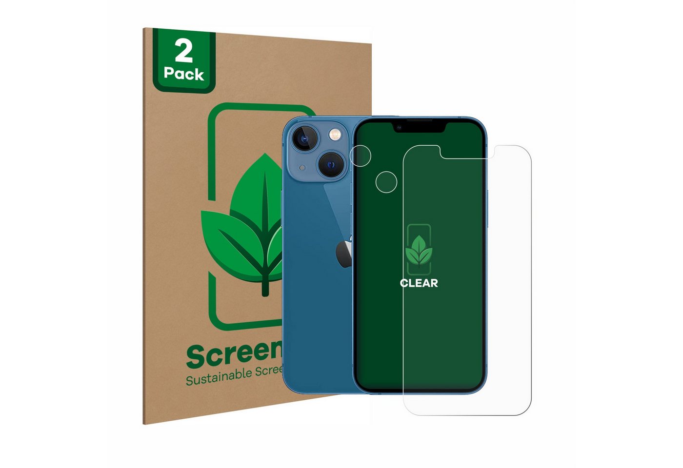 ScreenLeaf Displayschutzfolie Schutzfolie für Apple iPhone 13 mini (Display+Kamera), 2 Stück, nachhaltiger Displayschutz Schutz Folie Klar Transparent von ScreenLeaf