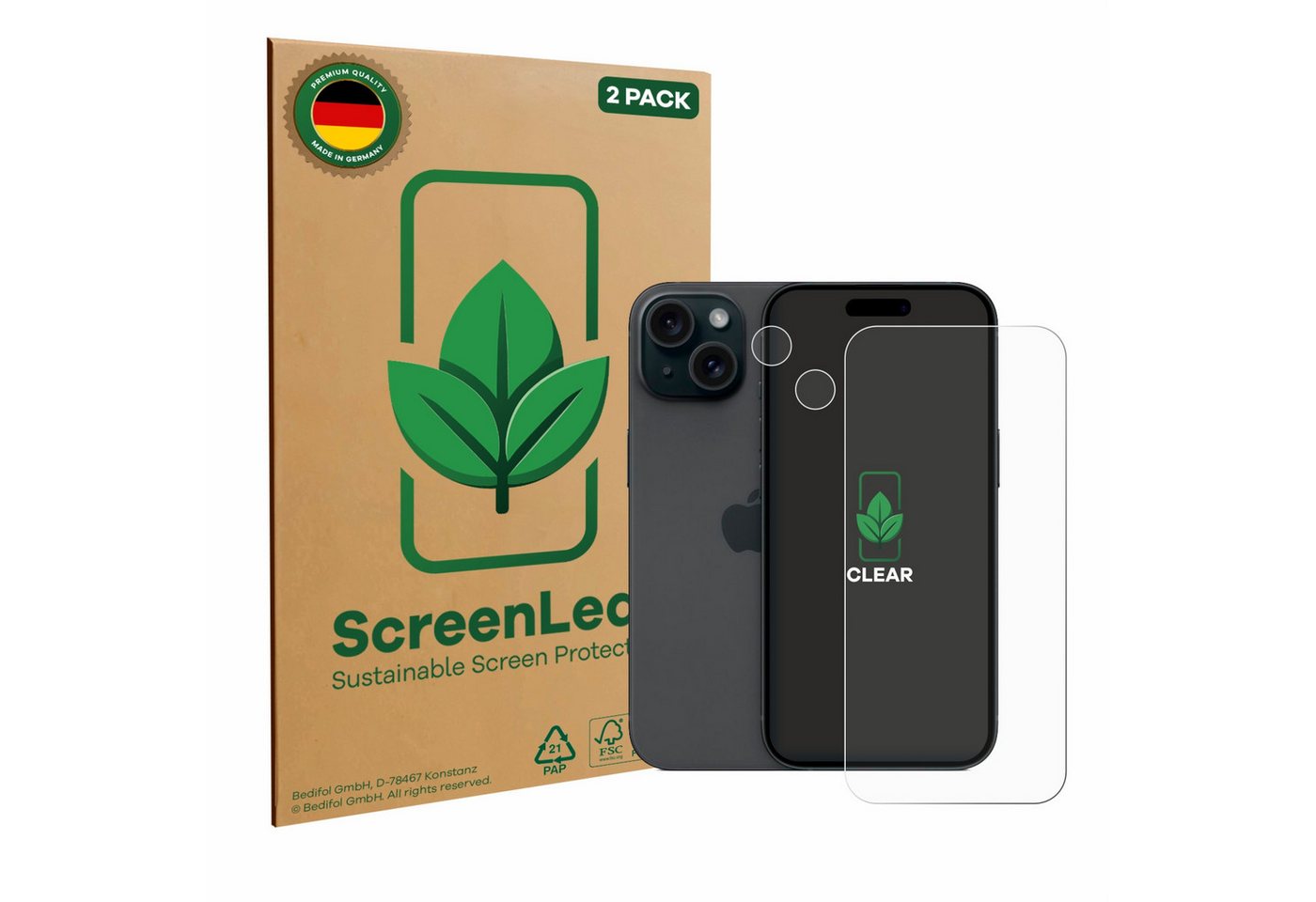 ScreenLeaf Displayschutzfolie Schutzfolie für Apple iPhone 15 (Display+Kamera), 2 Stück, nachhaltiger Displayschutz Schutz Folie Klar Transparent von ScreenLeaf