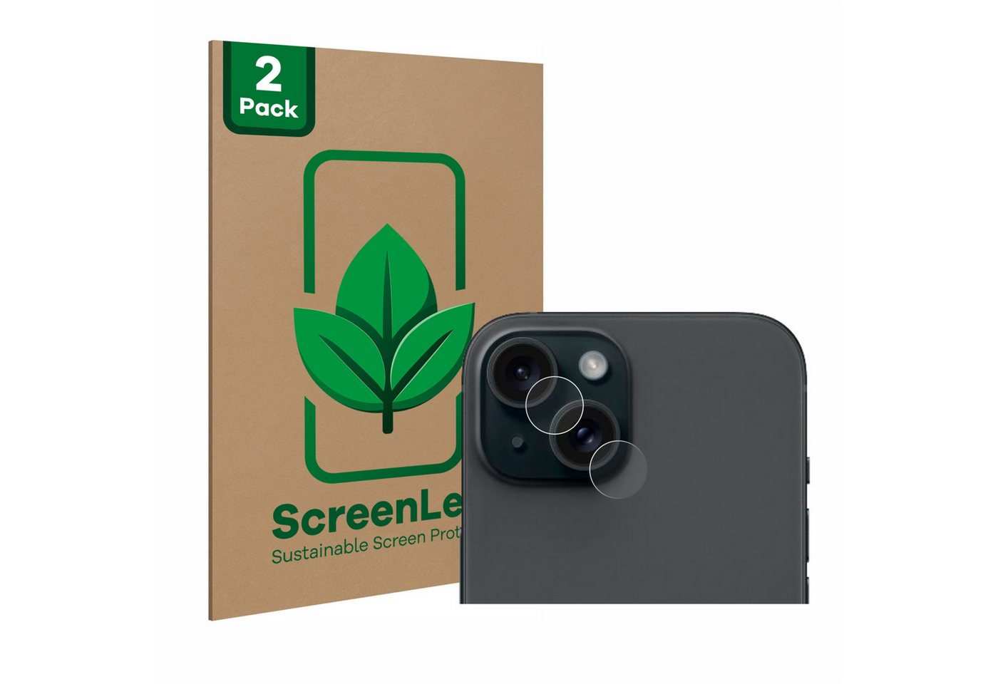 ScreenLeaf Displayschutzfolie Schutzfolie für Apple iPhone 15 (NUR Kameraschutz), 2 Stück, nachhaltiger Displayschutz Schutz Folie Klar Transparent von ScreenLeaf