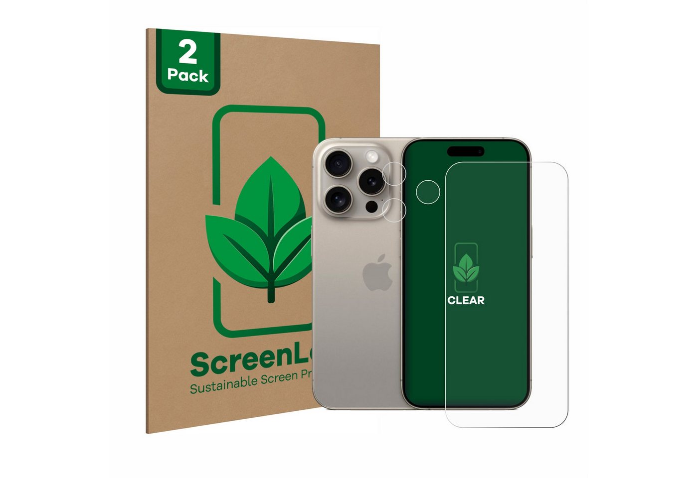 ScreenLeaf Displayschutzfolie Schutzfolie für Apple iPhone 15 Pro (Display+Kamera), 2 Stück, nachhaltiger Displayschutz Schutz Folie Klar Transparent von ScreenLeaf