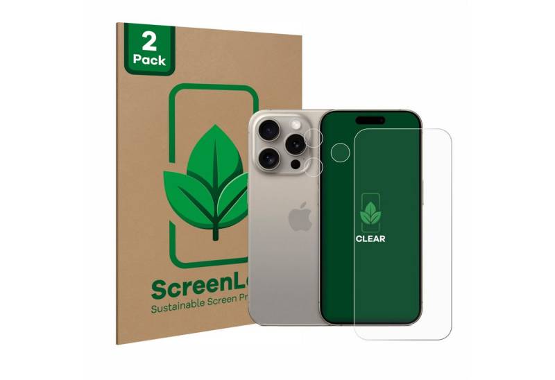 ScreenLeaf Displayschutzfolie Schutzfolie für Apple iPhone 15 Pro (Display+Kamera), 2 Stück, nachhaltiger Displayschutz Schutz Folie Klar Transparent von ScreenLeaf