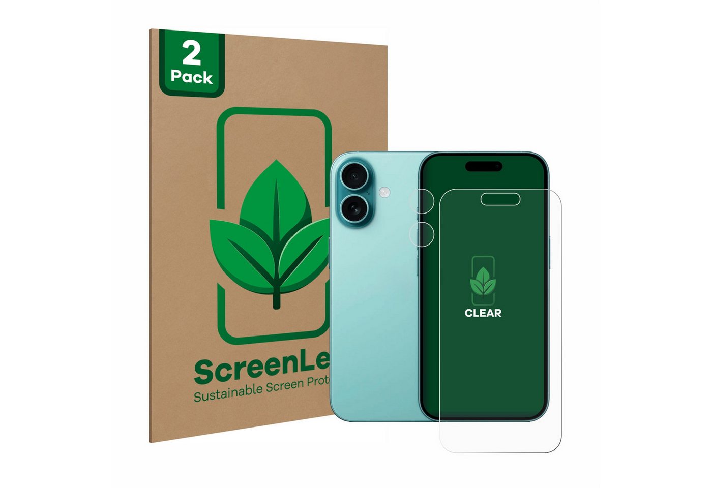 ScreenLeaf Displayschutzfolie Schutzfolie für Apple iPhone 16 (Display+Kamera), 2 Stück, nachhaltiger Displayschutz Schutz Folie Klar Transparent von ScreenLeaf