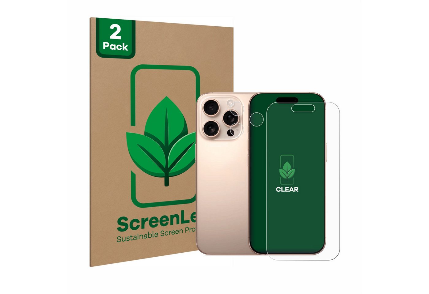 ScreenLeaf Displayschutzfolie Schutzfolie für Apple iPhone 16 Pro (Display+Kamera), 2 Stück, nachhaltiger Displayschutz Schutz Folie Klar Transparent von ScreenLeaf