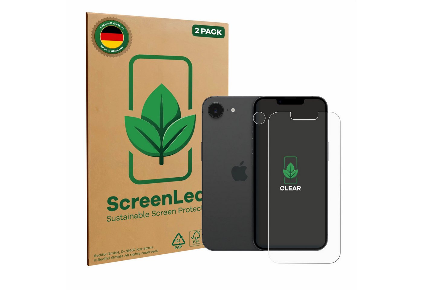 ScreenLeaf Displayschutzfolie Schutzfolie für Apple iPhone 16e (Display+Kamera), 2 Stück, nachhaltiger Displayschutz Schutz Folie Klar Transparent von ScreenLeaf