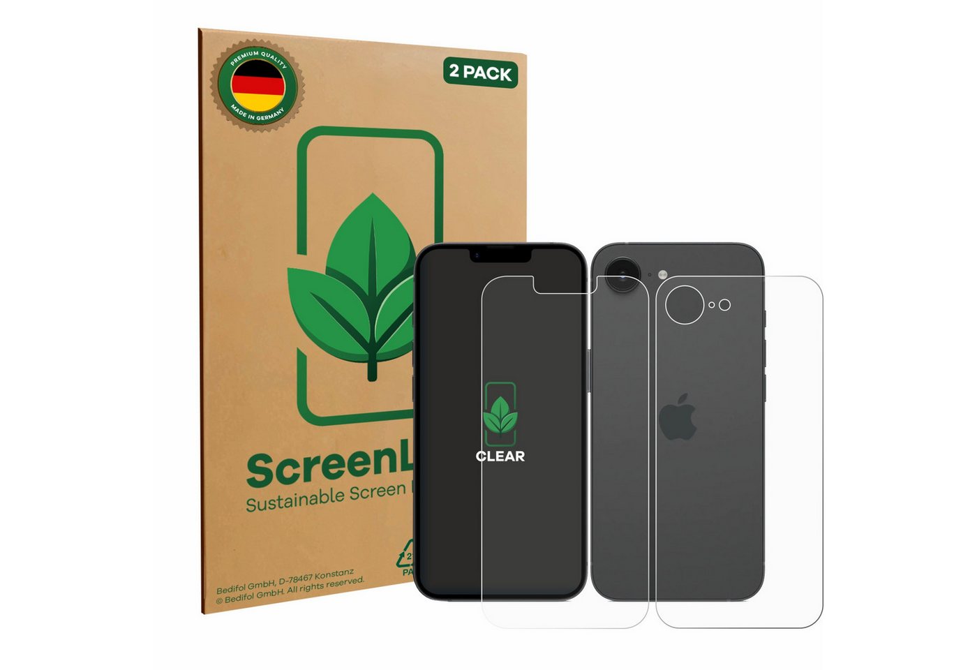 ScreenLeaf Displayschutzfolie Schutzfolie für Apple iPhone 16e (Display+Rückseite), 2 Stück, nachhaltiger Displayschutz Schutz Folie Klar Transparent von ScreenLeaf