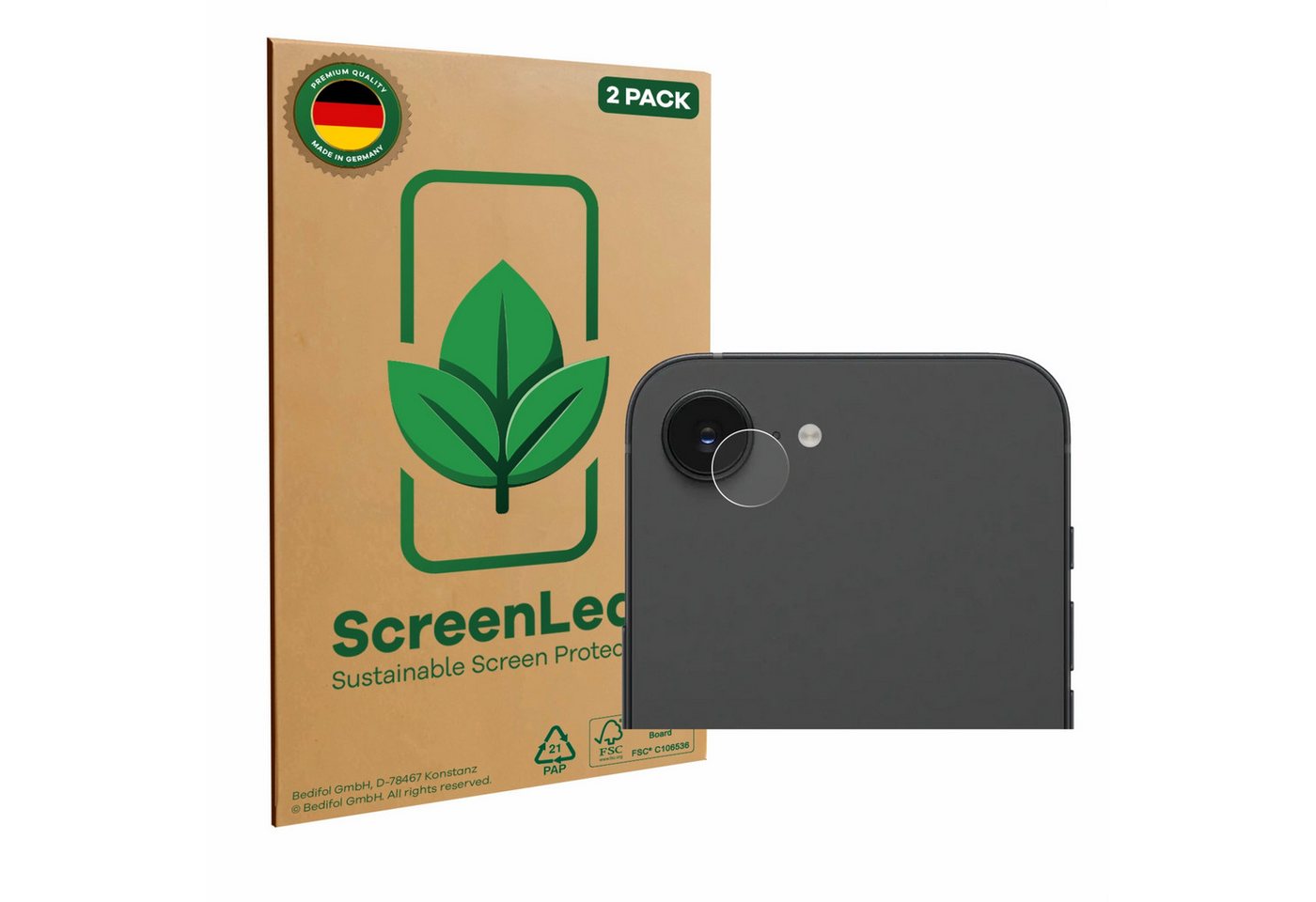 ScreenLeaf Displayschutzfolie Schutzfolie für Apple iPhone 16e (NUR Kameraschutz), 2 Stück, nachhaltiger Displayschutz Schutz Folie Klar Transparent von ScreenLeaf